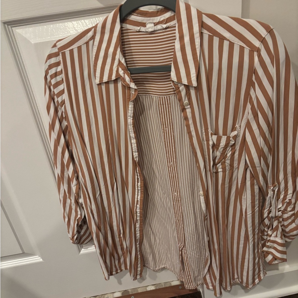 Jane and Delancey Brown and White Casual Button Down Shirt